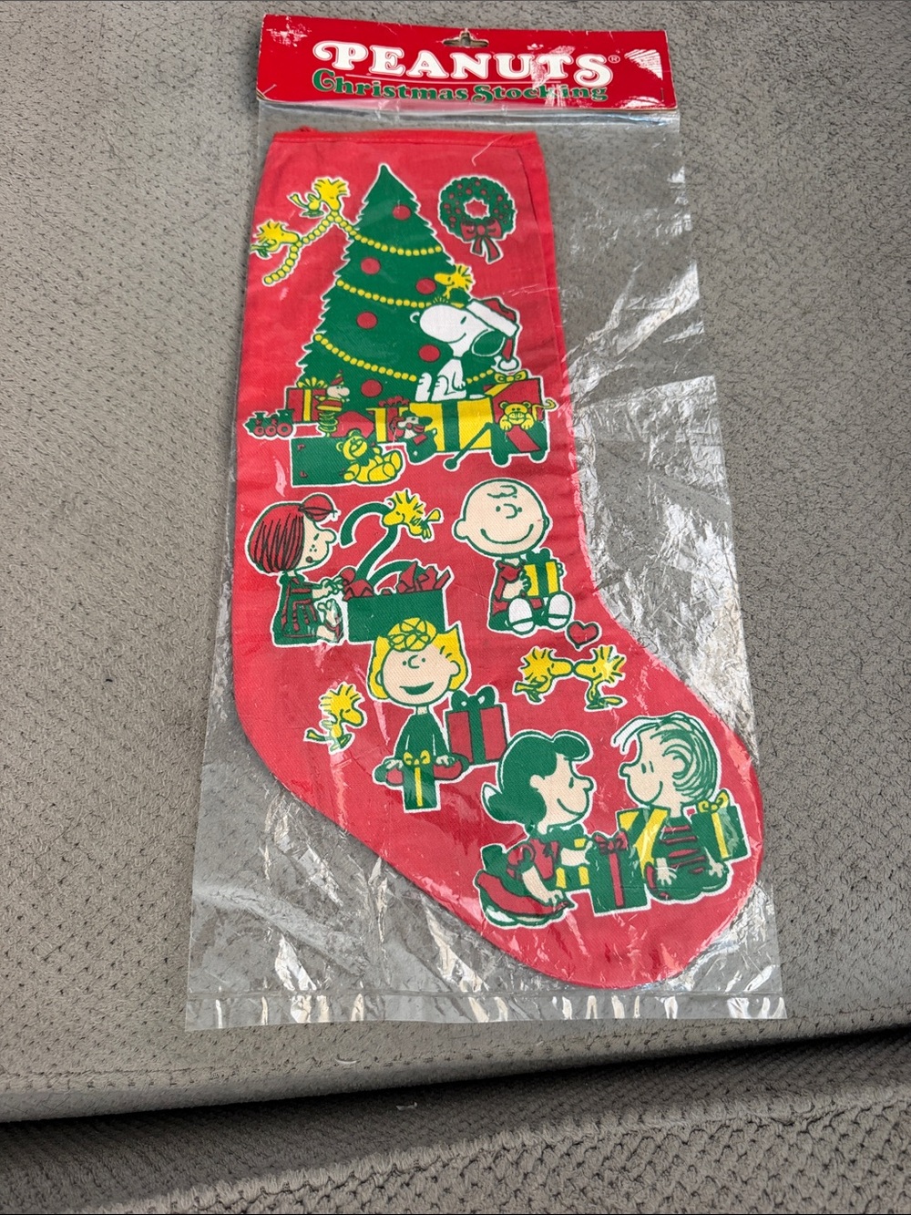 Vintage Peanuts Red and Green Christmas Stocking with Snoopy & Gang